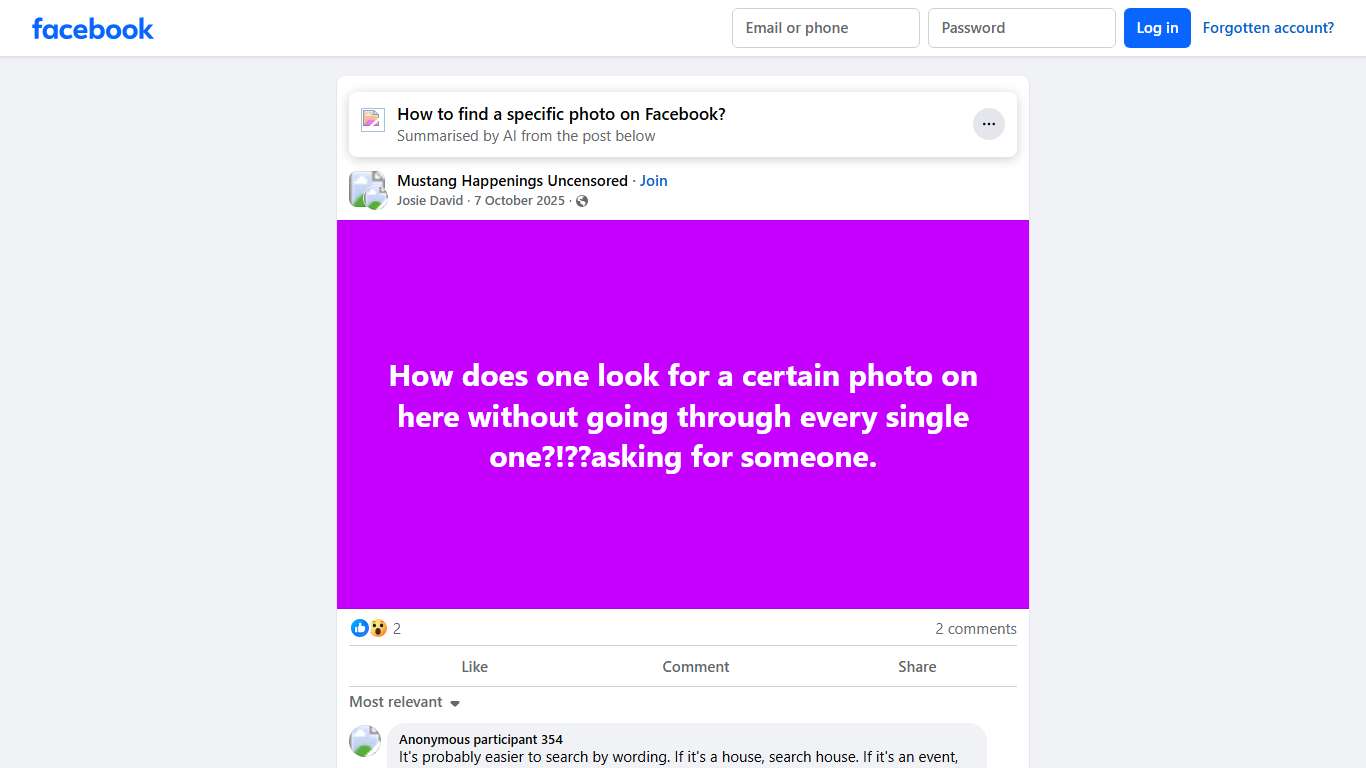 Mustang Happenings Uncensored | How does one look for a certain photo on here without going through every single one | Facebook